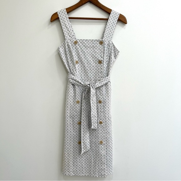A New Day Linen Geo Print Double Breasted Sleeveless Apron Dress Cream Small - Picture 1 of 10